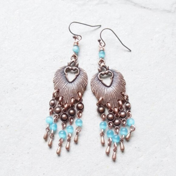 Handmade! Copper Leaf Shaped Chandeliers with Shimmering Aqua CatsEye Beads - Picture 2 of 8